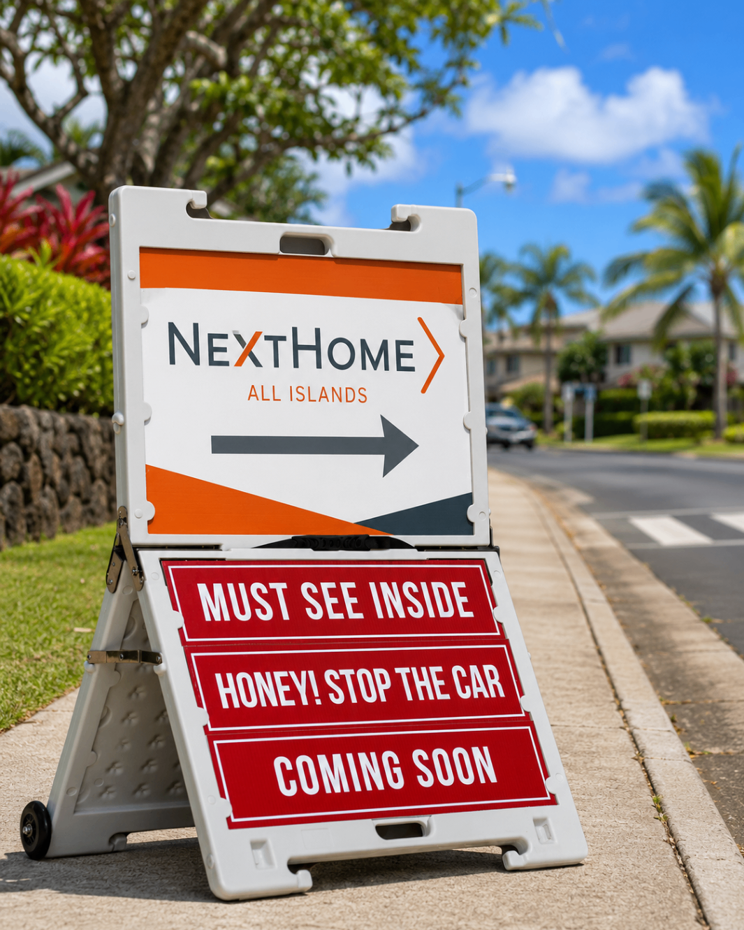 TrYfold open house sign on a residential sidewalk
